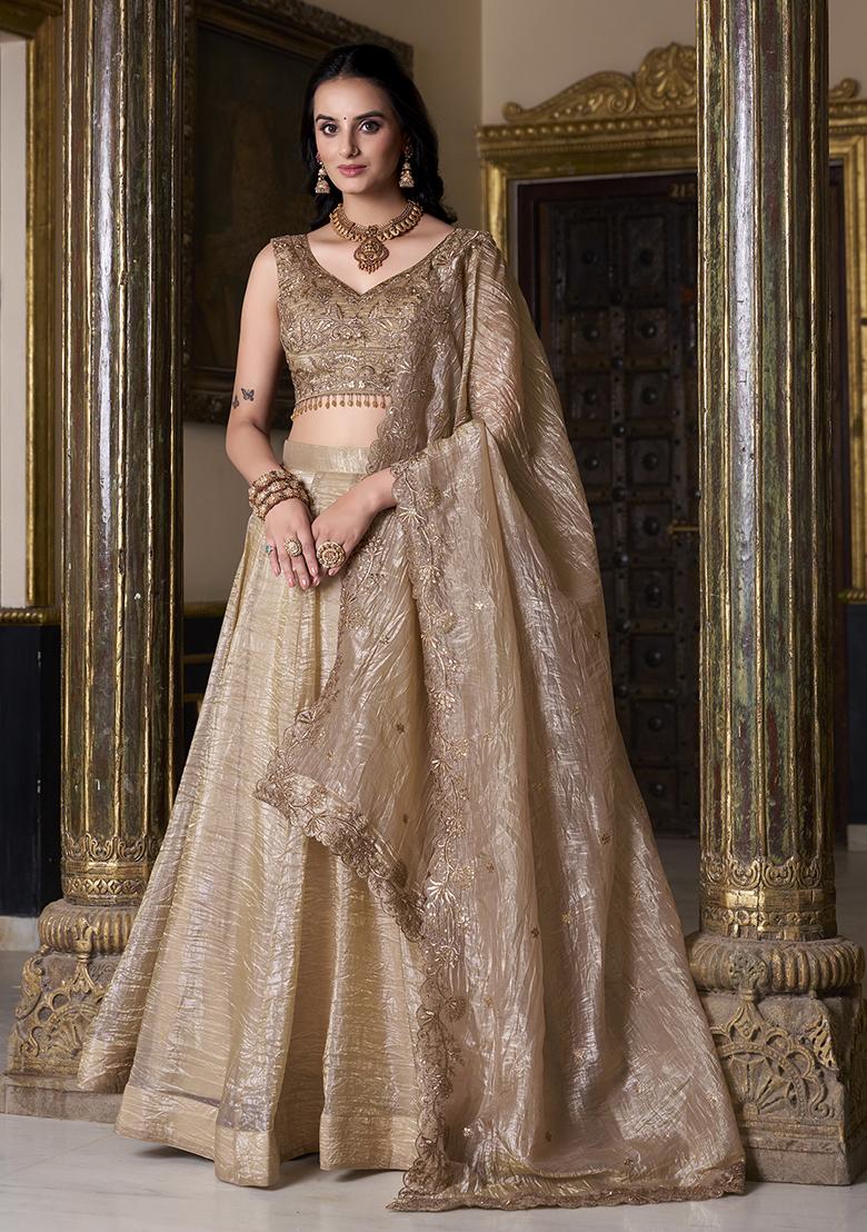 Chiku Brown Zari Weaving Work Silk Lehenga Set With Dupatta