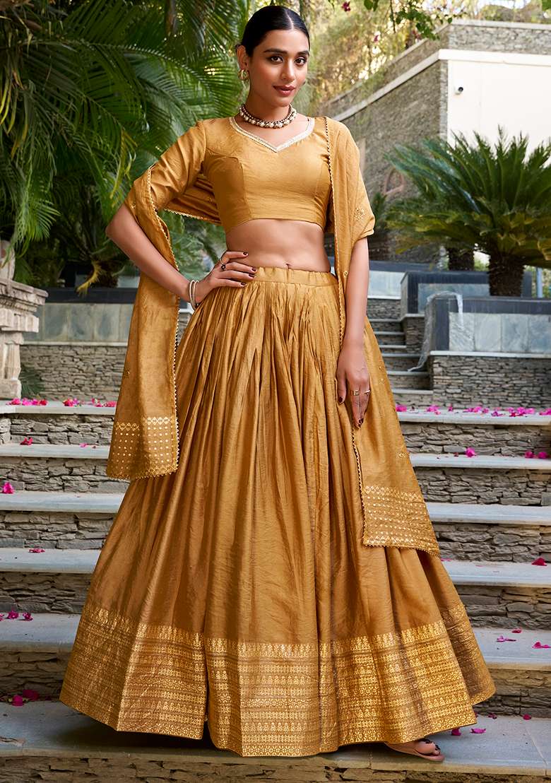 Mustard Yellow Zari Weaving Work Pure Chanderi Lehenga Set With Dupatta - Indya