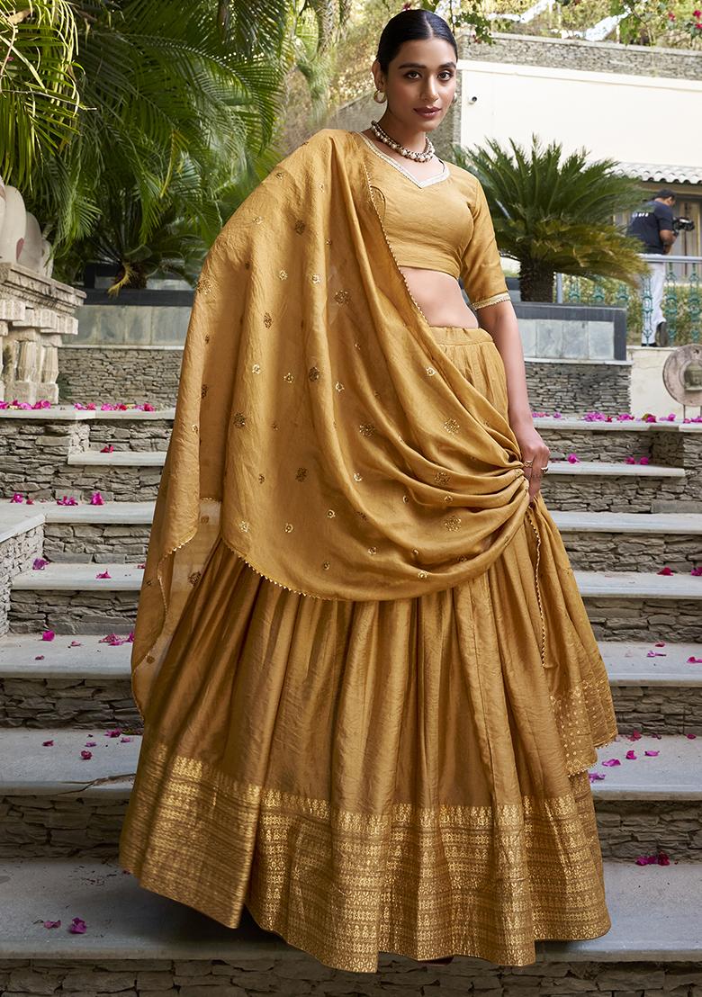 Mustard Yellow Zari Weaving Work Pure Chanderi Lehenga Set With Dupatta