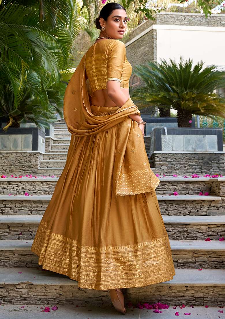Mustard Yellow Zari Weaving Work Pure Chanderi Lehenga Set With Dupatta - Indya