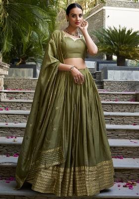Mehendi Green Zari Weaving Work Pure Chanderi Lehenga Set With Dupatta