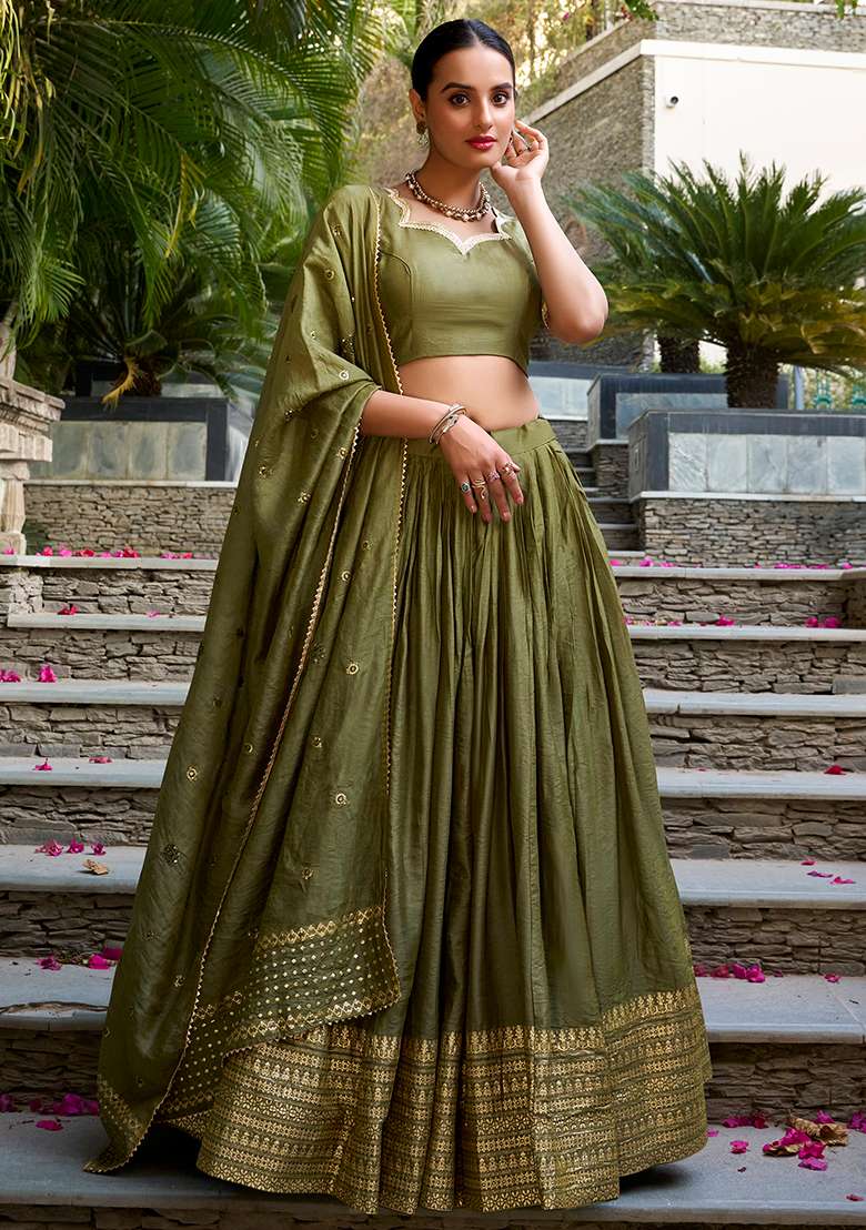 Mehendi Green Zari Weaving Work Pure Chanderi Lehenga Set With Dupatta - Indya