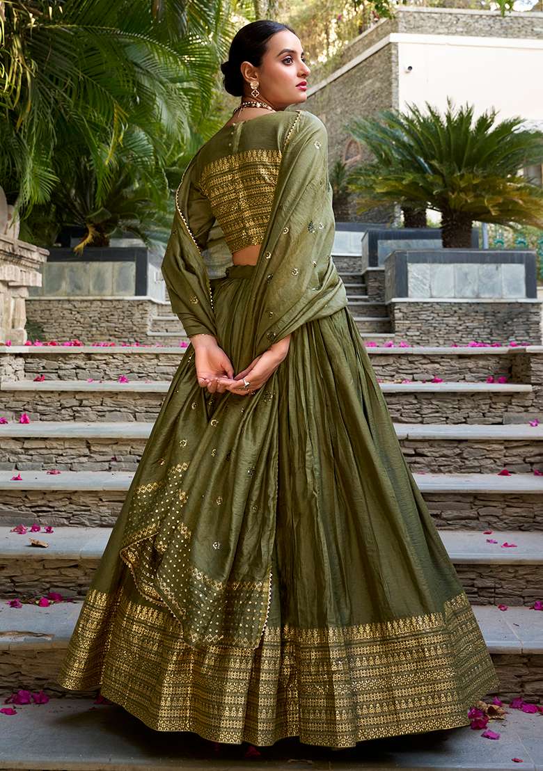Mehendi Green Zari Weaving Work Pure Chanderi Lehenga Set With Dupatta - Indya