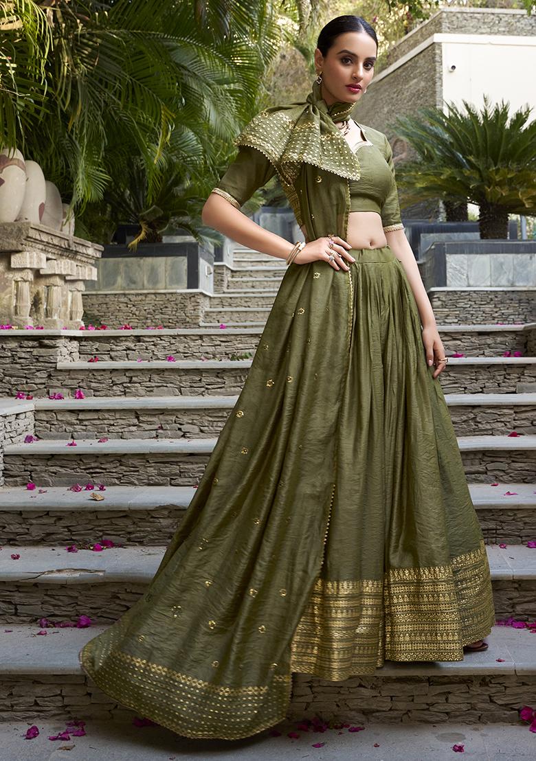Mehendi Green Zari Weaving Work Pure Chanderi Lehenga Set With Dupatta