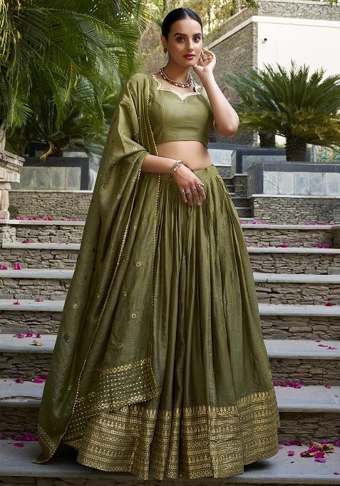 Mehendi Green Zari Weaving Work Pure Chanderi Lehenga Set With Dupatta