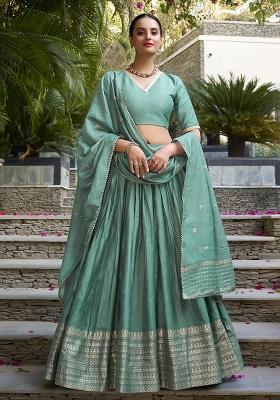 Sky Blue Zari Weaving Work Pure Chanderi Lehenga Set With Dupatta