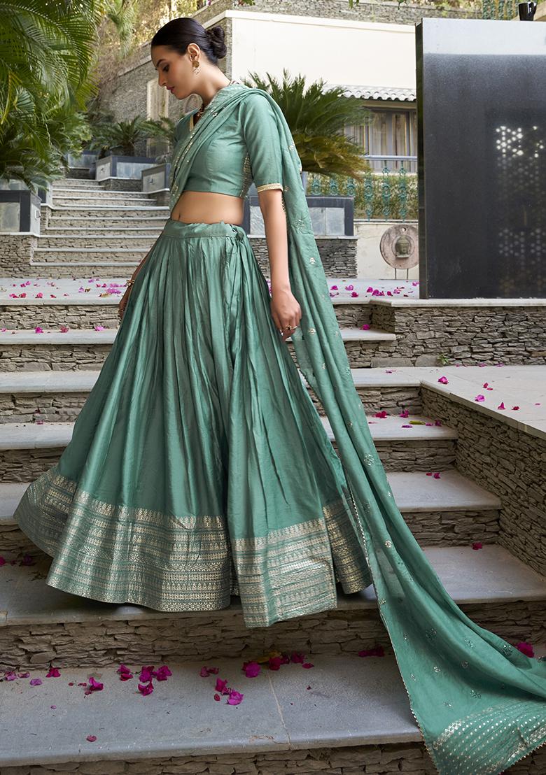 Sky Blue Zari Weaving Work Pure Chanderi Lehenga Set With Dupatta