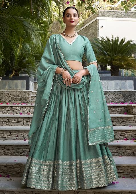 Sky Blue Zari Weaving Work Pure Chanderi Lehenga Set With Dupatta