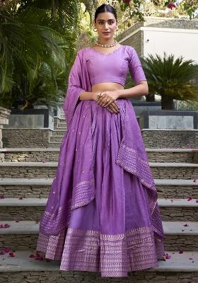 Purple Zari Weaving Work Pure Chanderi Lehenga Set With Dupatta