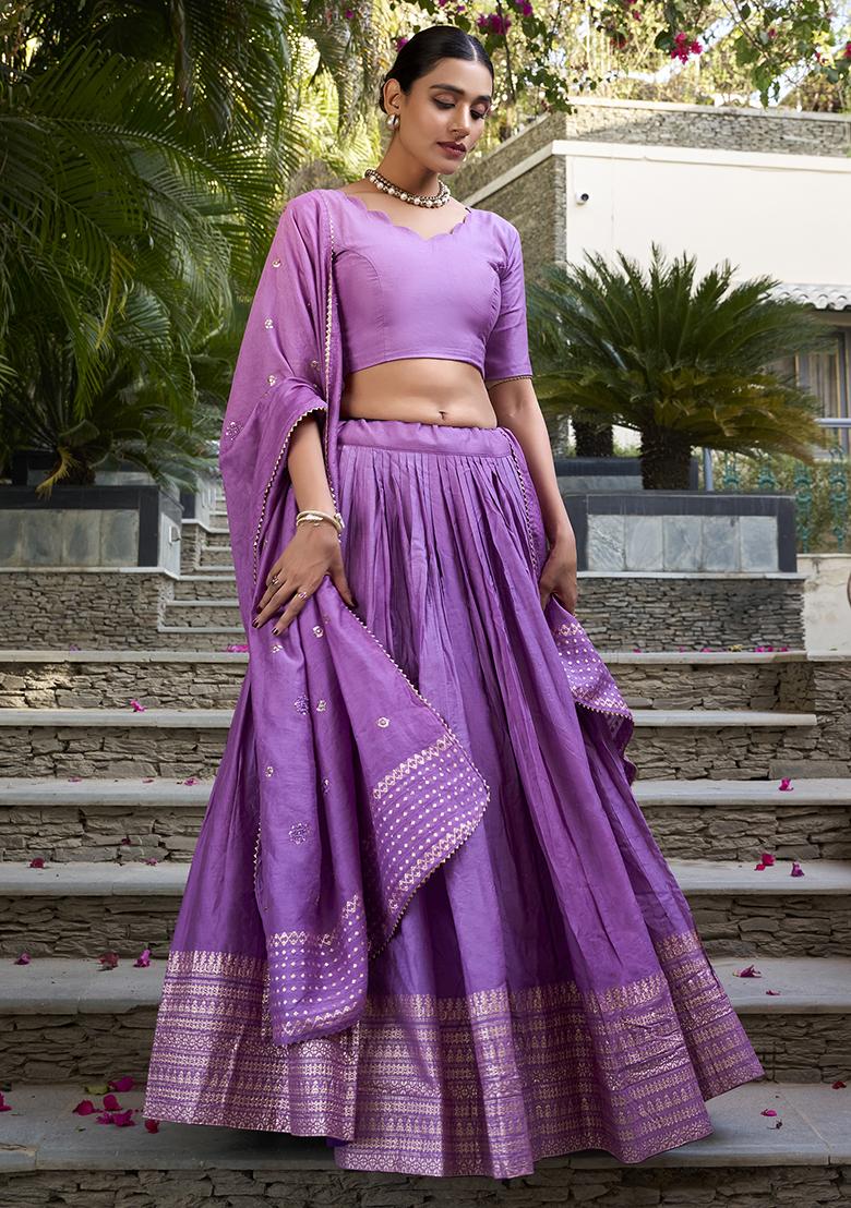 Purple Zari Weaving Work Pure Chanderi Lehenga Set With Dupatta