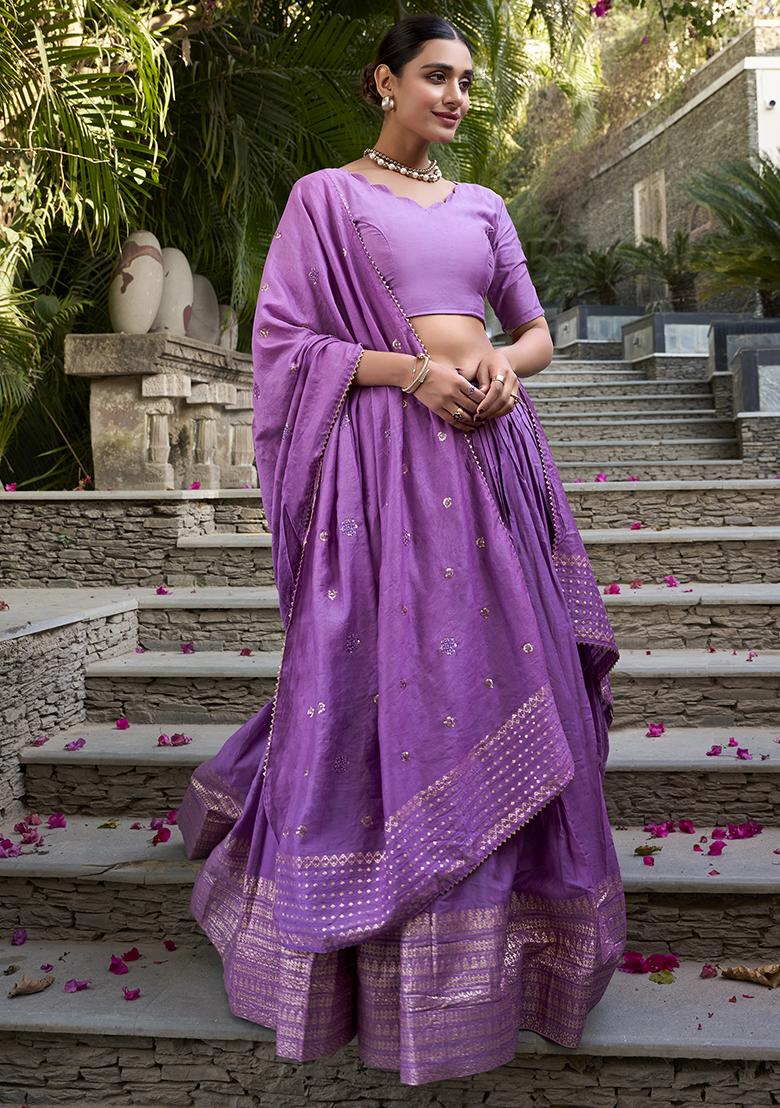 Purple Zari Weaving Work Pure Chanderi Lehenga Set With Dupatta