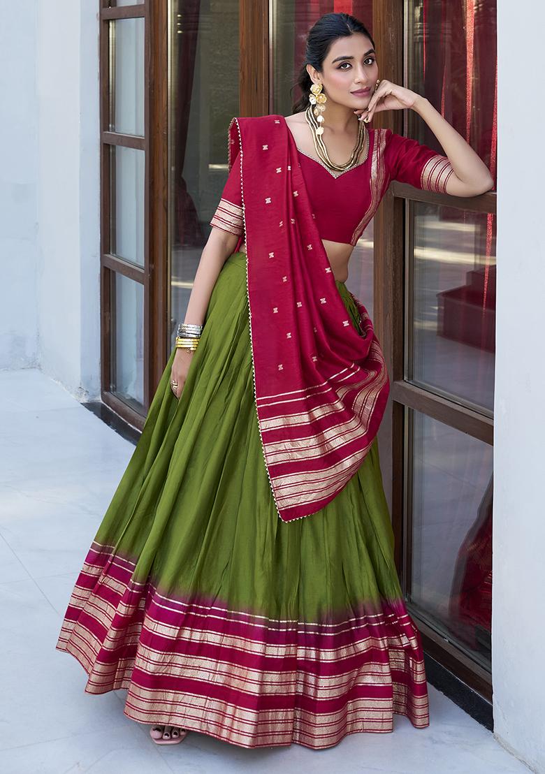 Mehendi Green Zari Weaving Work Pure Chanderi Lehenga Set With Dupatta