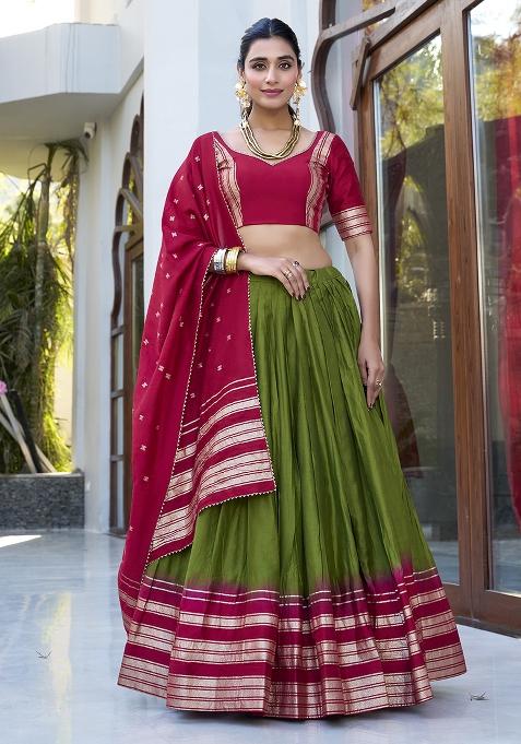 Mehendi Green Zari Weaving Work Pure Chanderi Lehenga Set With Dupatta