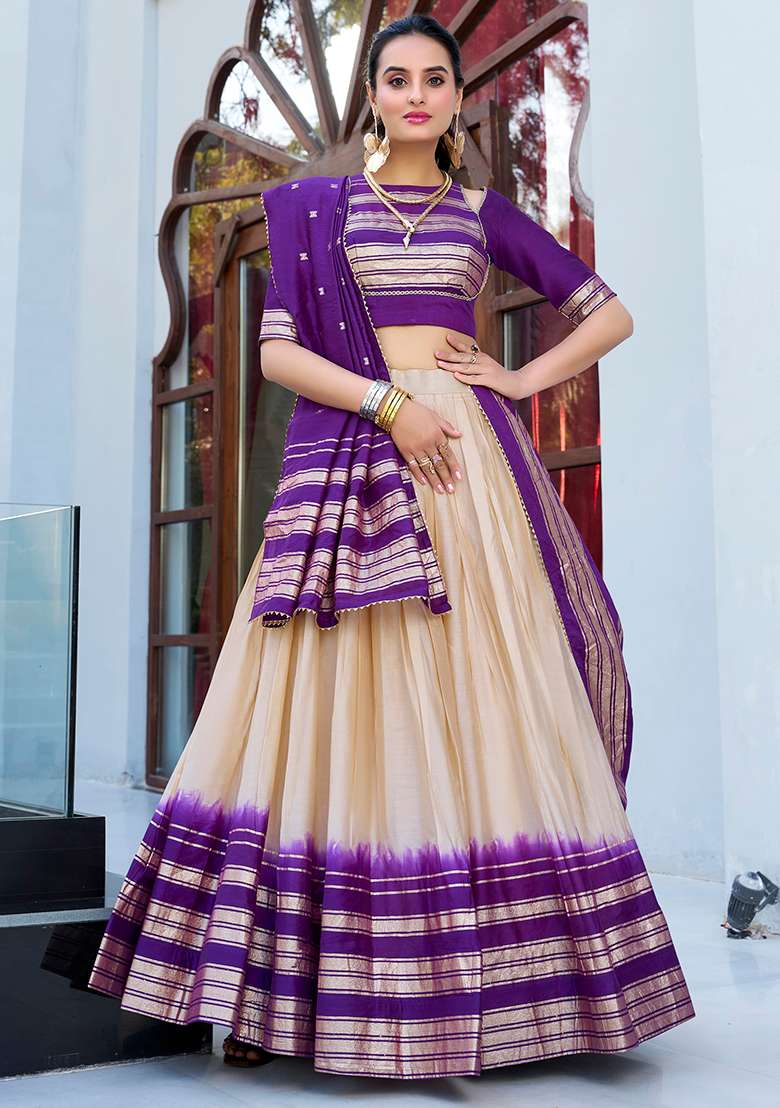 Off White Zari Weaving Work Pure Chanderi Lehenga Set With Dupatta - Indya