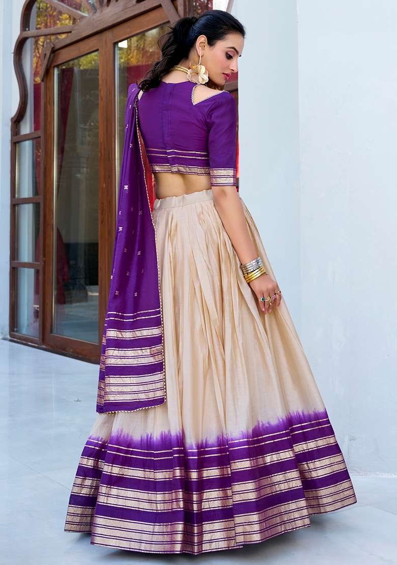 Off White Zari Weaving Work Pure Chanderi Lehenga Set With Dupatta - Indya