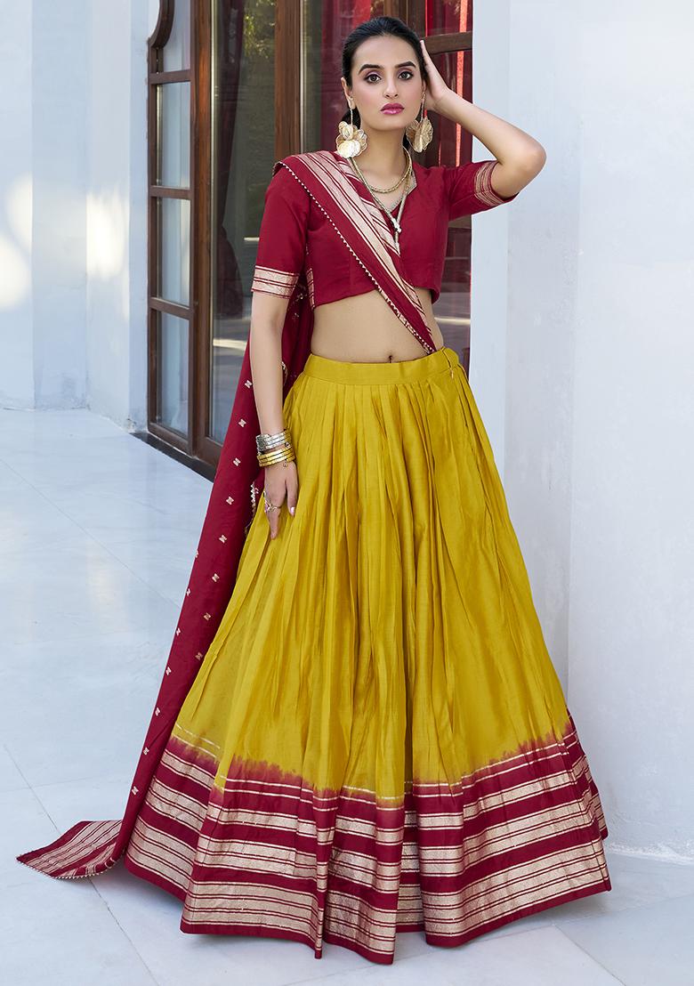 Yellow Zari Weaving Work Pure Chanderi Lehenga Set With Dupatta