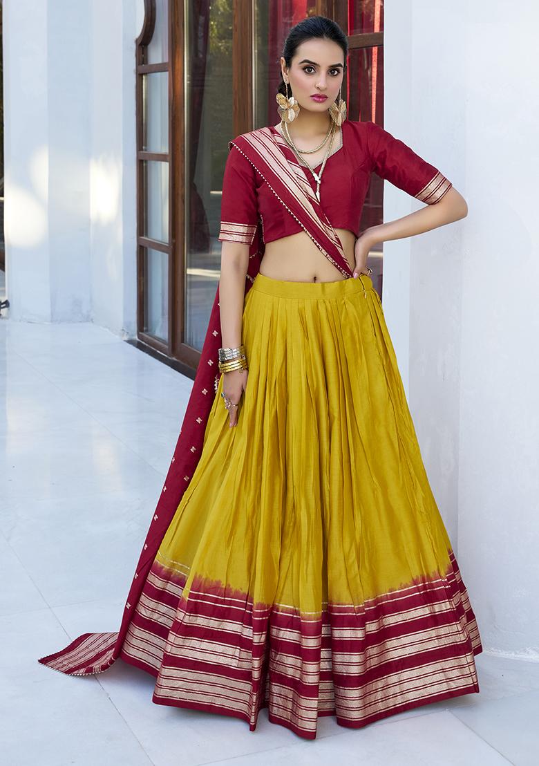 Yellow Zari Weaving Work Pure Chanderi Lehenga Set With Dupatta