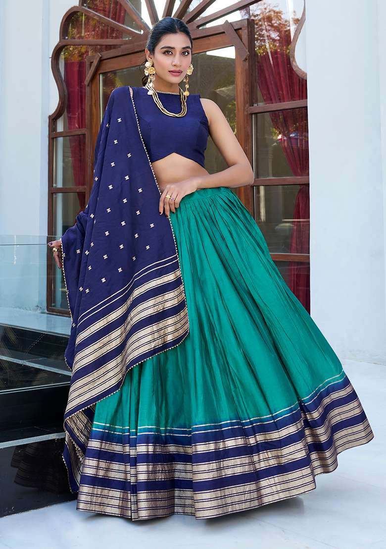 Firozi Blue Zari Weaving Work Pure Chanderi Lehenga Set With Dupatta - Indya