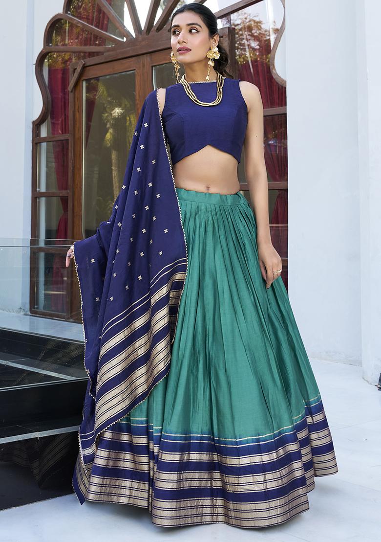 Firozi Blue Zari Weaving Work Pure Chanderi Lehenga Set With Dupatta