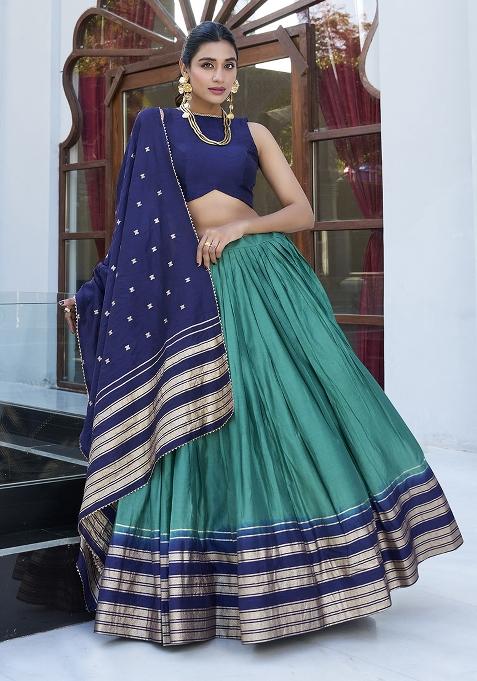 Firozi Blue Zari Weaving Work Pure Chanderi Lehenga Set With Dupatta