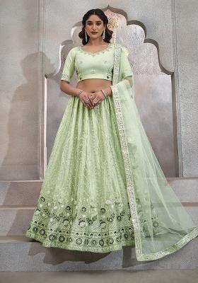 Pista Green Sequin Embroidered Net Lehenga Set