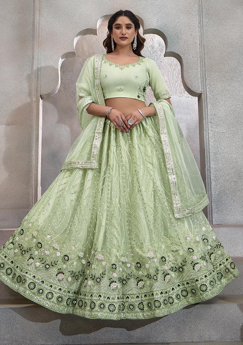 Pista Green Sequin Embroidered Net Lehenga Set