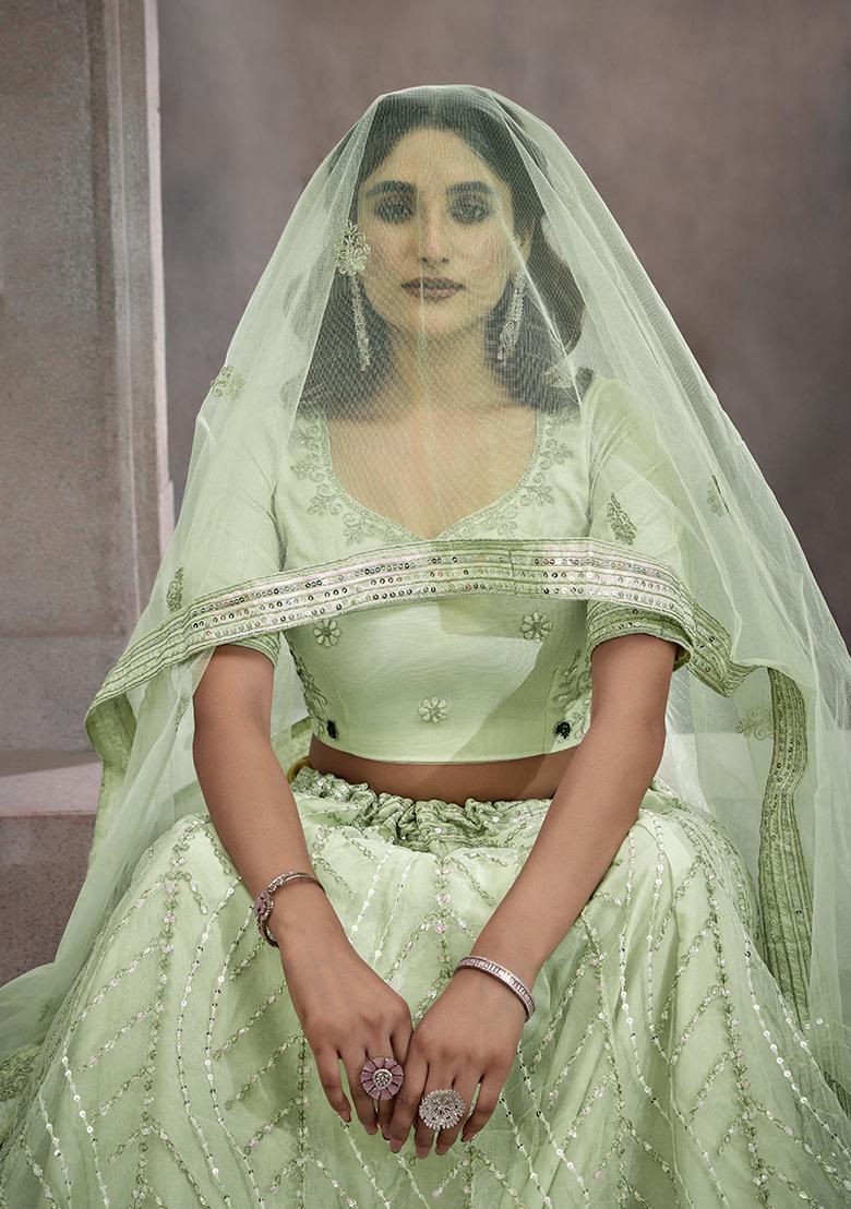 Pista Green Sequin Embroidered Net Lehenga Set
