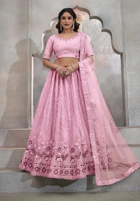 Dark Pink Sequin Embroidered Net Lehenga Set