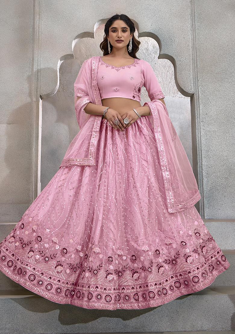 Dark Pink Sequin Embroidered Net Lehenga Set