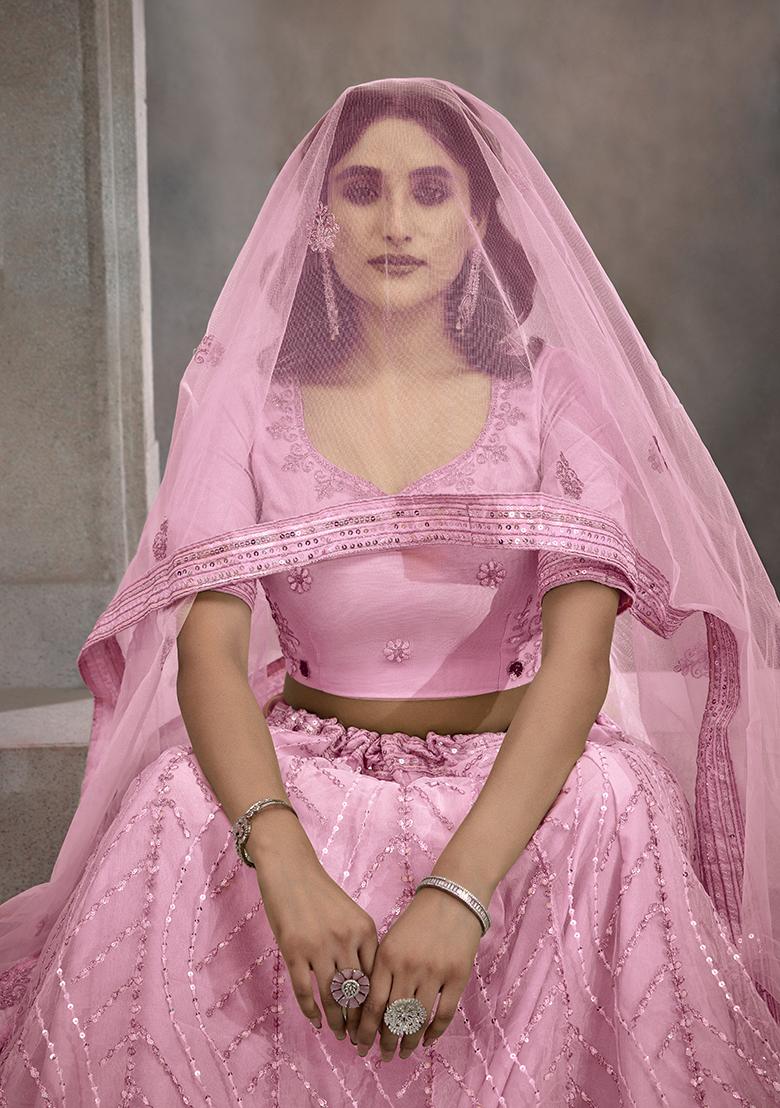 Dark Pink Sequin Embroidered Net Lehenga Set