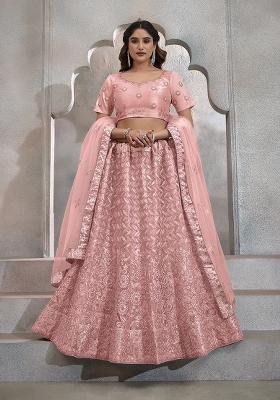 Peach Sequin Embroidered Net Lehenga Set