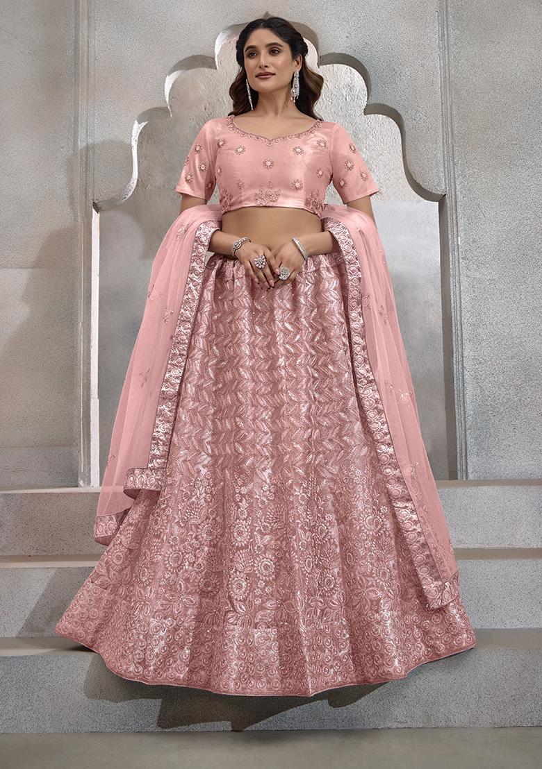 Peach Sequin Embroidered Net Lehenga Set