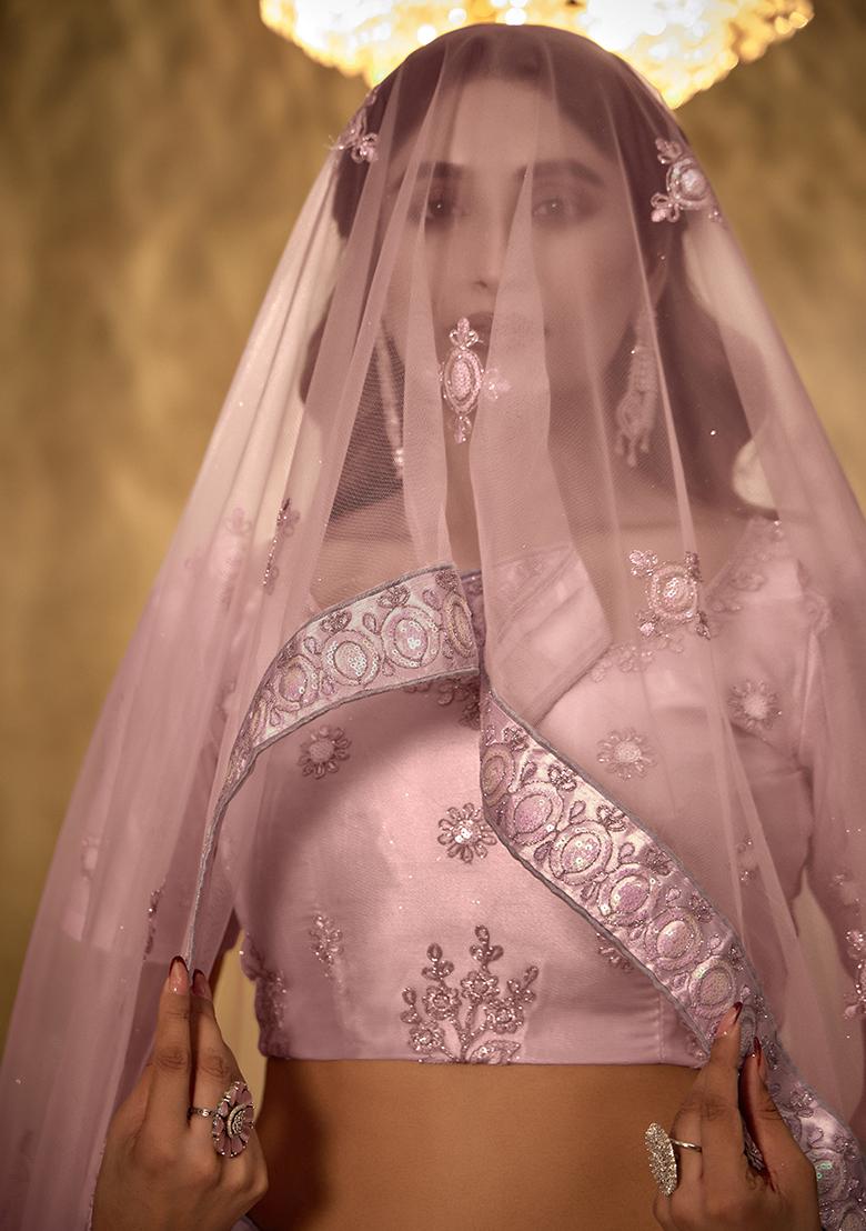 Peach Sequin Embroidered Net Lehenga Set
