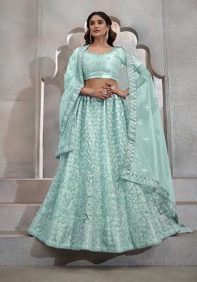 Sky Blue Sequin Embroidered Net Lehenga Set