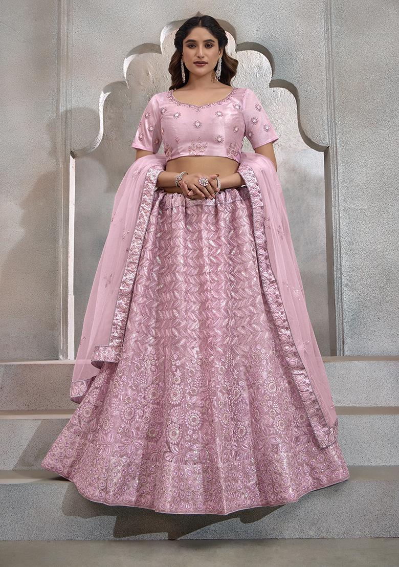 Dark Pink Sequin Embroidered Net Lehenga Set