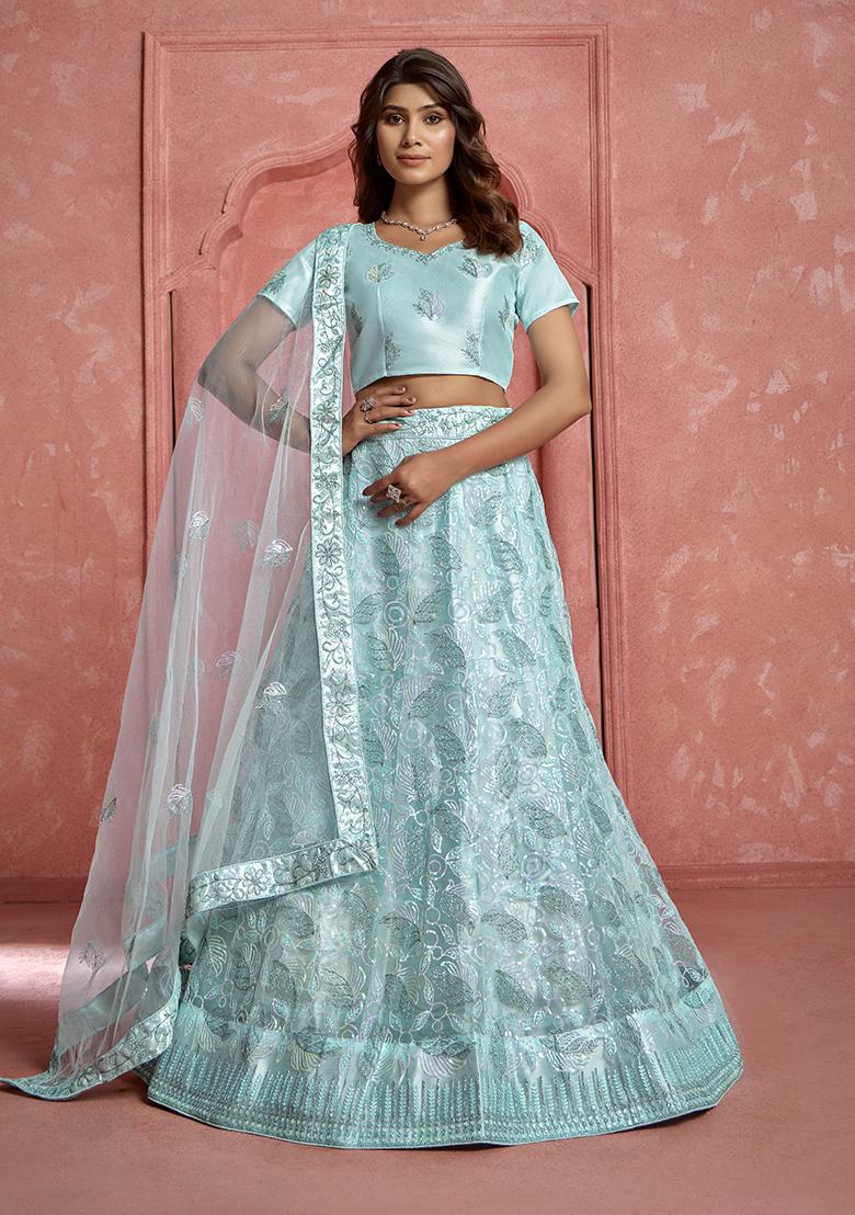 Sky Blue Sequin Embroidered Net Lehenga Set