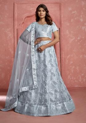 Grey Sequin Embroidered Net Lehenga Set