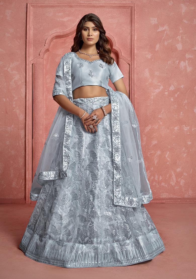 Grey Sequin Embroidered Net Lehenga Set