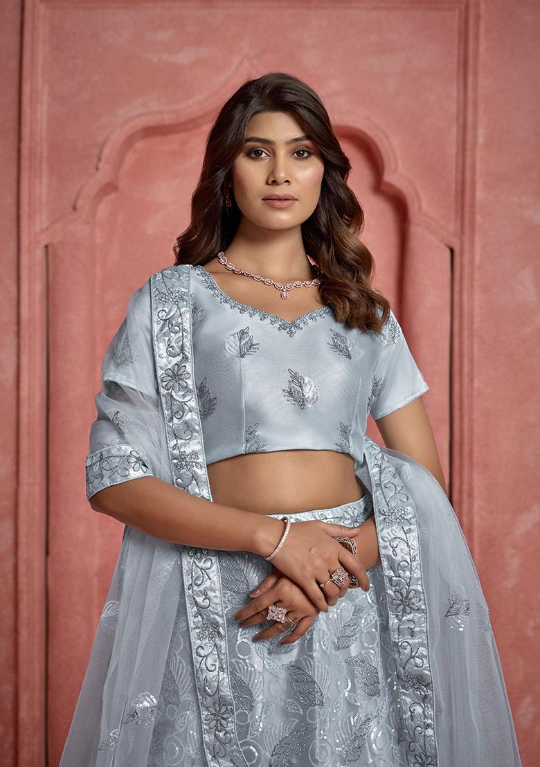 Grey Sequin Embroidered Net Lehenga Set
