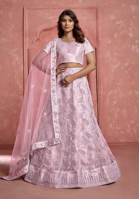 Pink Sequin Embroidered Net Lehenga Set