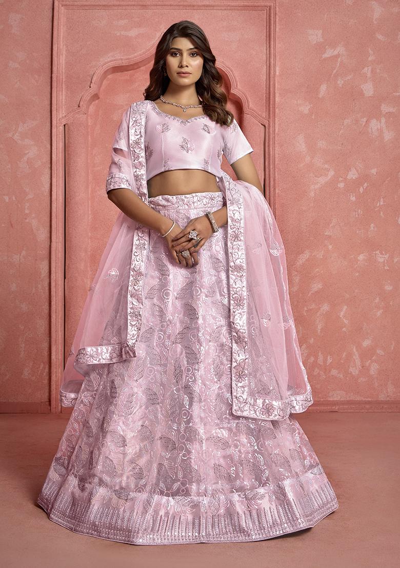 Pink Sequin Embroidered Net Lehenga Set
