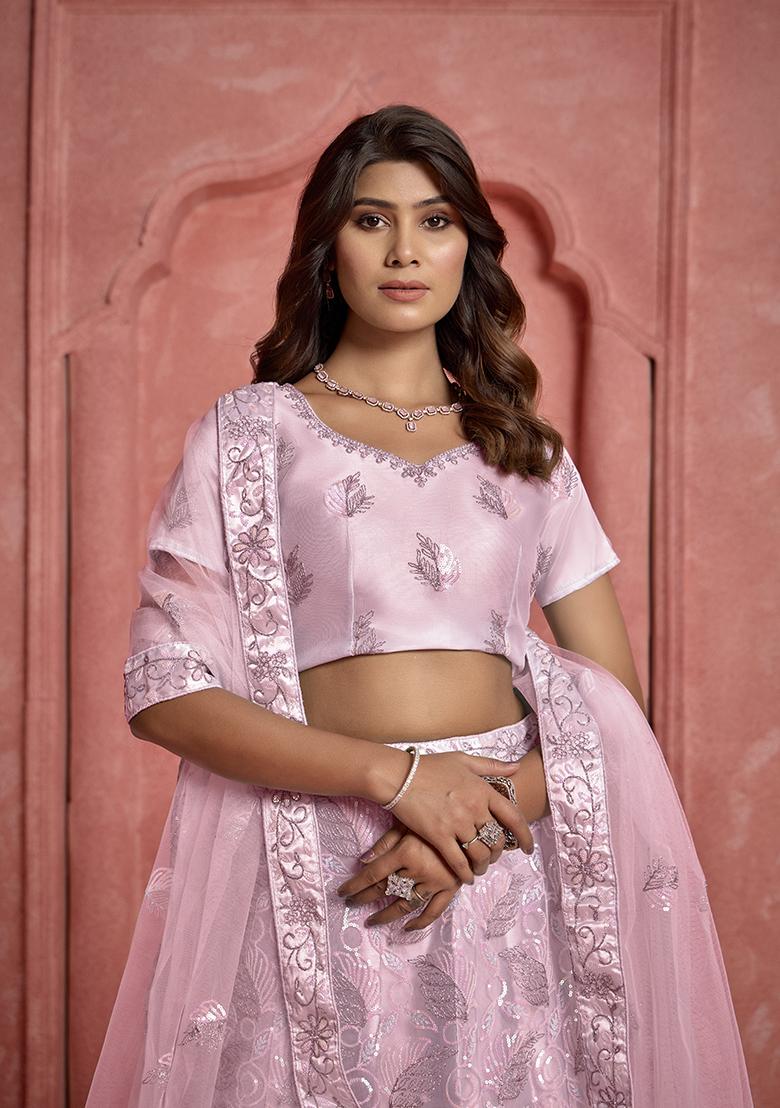 Pink Sequin Embroidered Net Lehenga Set