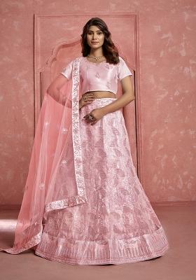 Peach Sequin Embroidered Net Lehenga Set