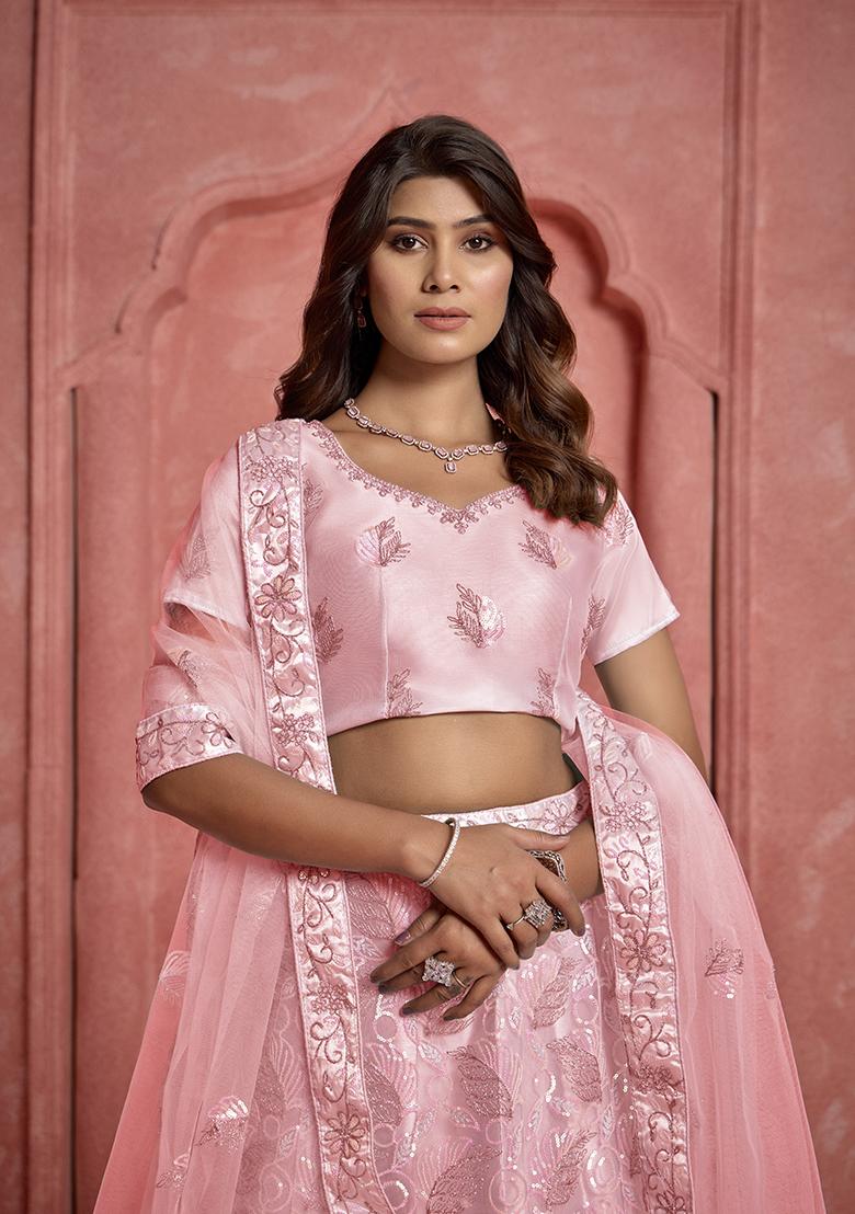 Peach Sequin Embroidered Net Lehenga Set