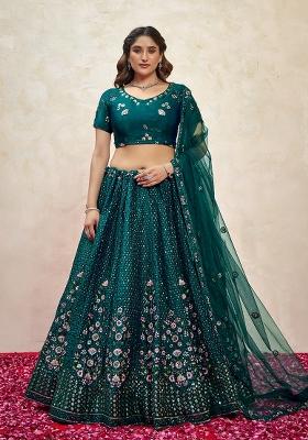Dark Green Sequin Embroidered Silk Lehenga Set