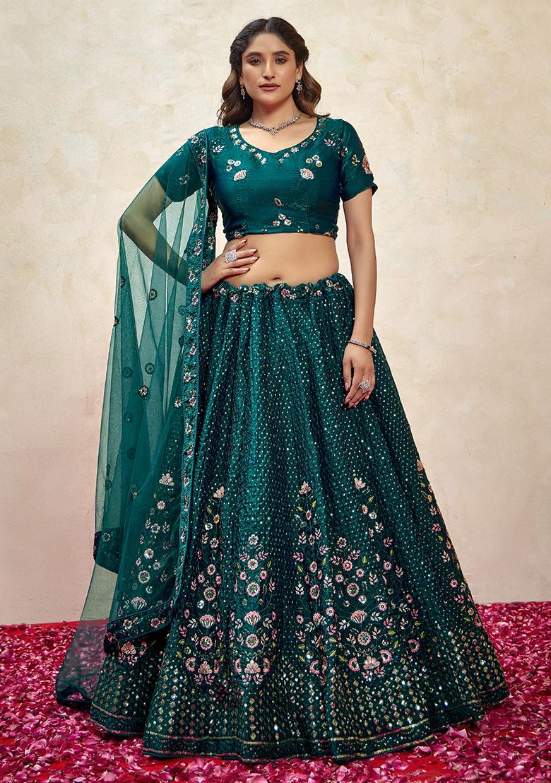 Dark Green Sequin Embroidered Silk Lehenga Set