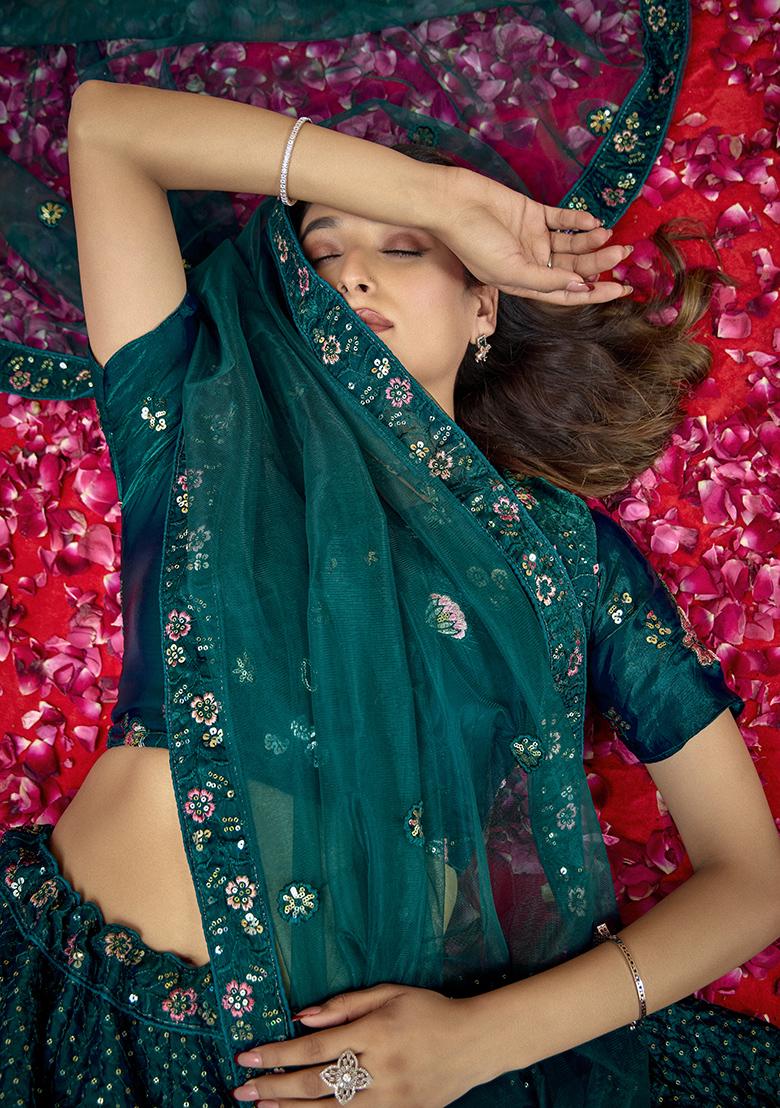Dark Green Sequin Embroidered Silk Lehenga Set