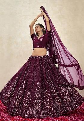 Wine Sequin Embroidered Silk Lehenga Set