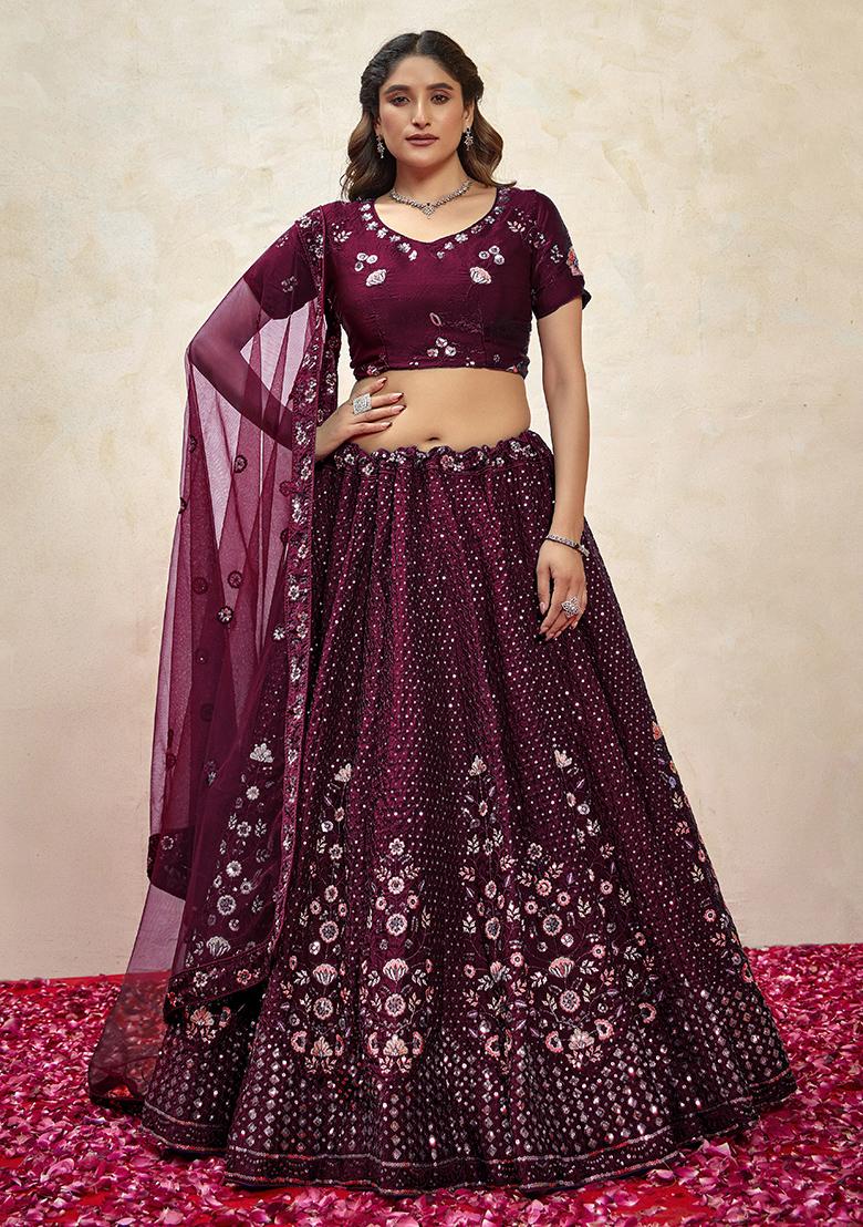 Wine Sequin Embroidered Silk Lehenga Set