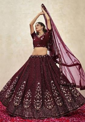 Maroon Sequin Embroidered Silk Lehenga Set